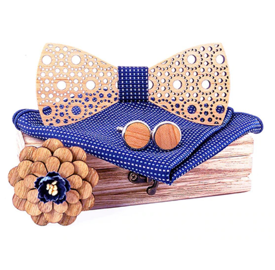 Gaira® Dřevěný motýlek s kapesníčkem a manžetovými knoflíčky a broží 709218